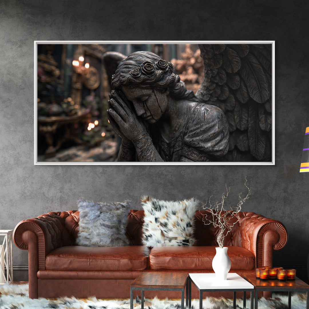The Weeping Cemetery Angel, Wide Panoramic Art, Dark Fantasy Wall Art, Canvas Print, Halloween Wall Decor, Gothic Home Decor
