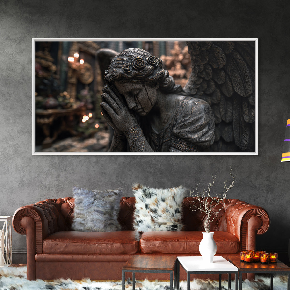 The Weeping Cemetery Angel, Wide Panoramic Art, Dark Fantasy Wall Art, Canvas Print, Halloween Wall Decor, Gothic Home Decor
