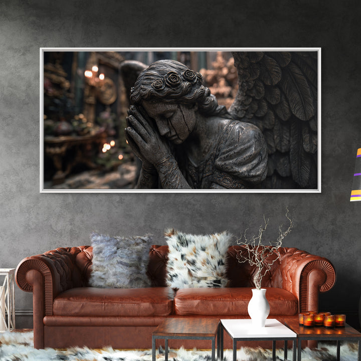 The Weeping Cemetery Angel, Wide Panoramic Art, Dark Fantasy Wall Art, Canvas Print, Halloween Wall Decor, Gothic Home Decor