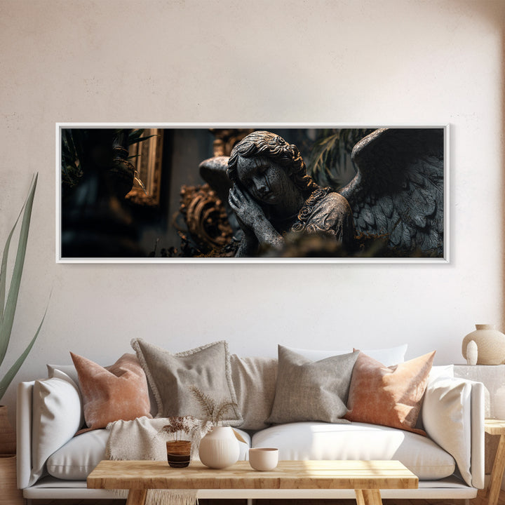 The Weeping Cemetery Angel, Extra Wide Wall Art, Macabre Wall Art, Framed Canvas Print, Halloween Wall Decor, Gothic Home Decor