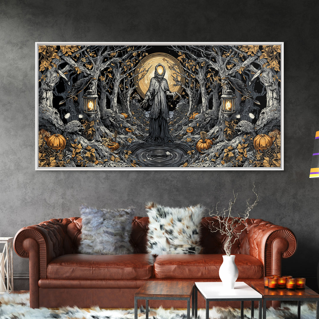 The Lantern Specter, Wide Panoramic Art, Gothic Horror Wall Art, Framed Canvas Print, Halloween Wall Decor, Gothic Home Decor