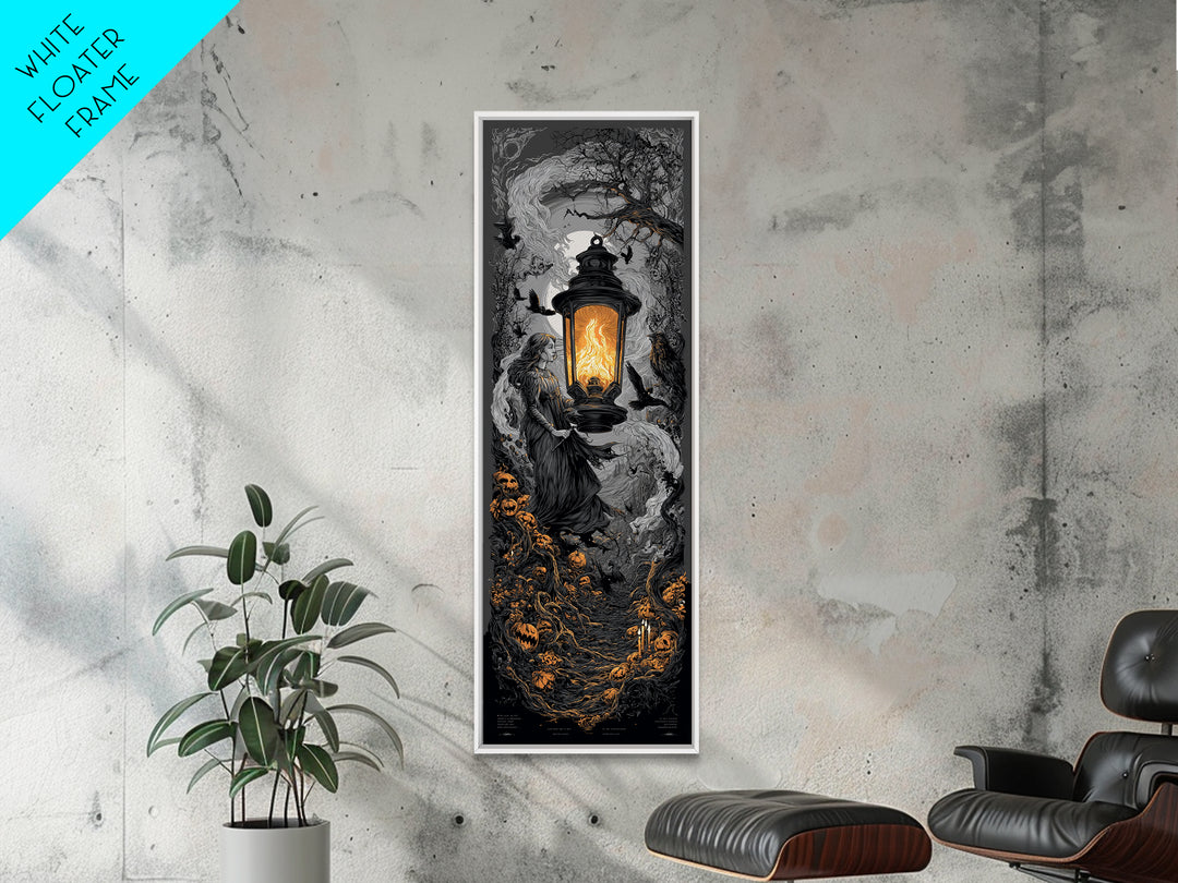The Lantern Specter, Tall Narrow Wall Art, Haunted Gothic Art, Framed Canvas Print, Halloween Wall Decor, Gothic Home Decor