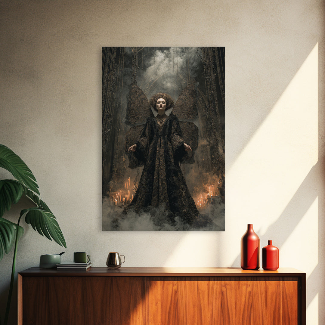 The Velvet Moth Witch, Vertical Wall Art, Macabre Wall Art, Framed Canvas Print, Halloween Wall Decor, Gothic Home Decor, Halloween Decor