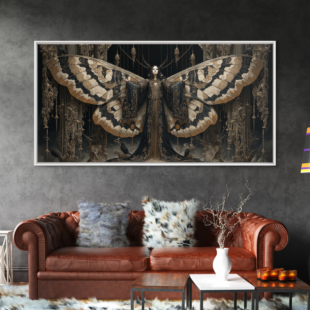 The Velvet Moth Witch, Wide Panoramic Art, Dark Halloween Decor, Canvas Print, Halloween Wall Decor, Gothic Home Decor, Halloween Wall Art