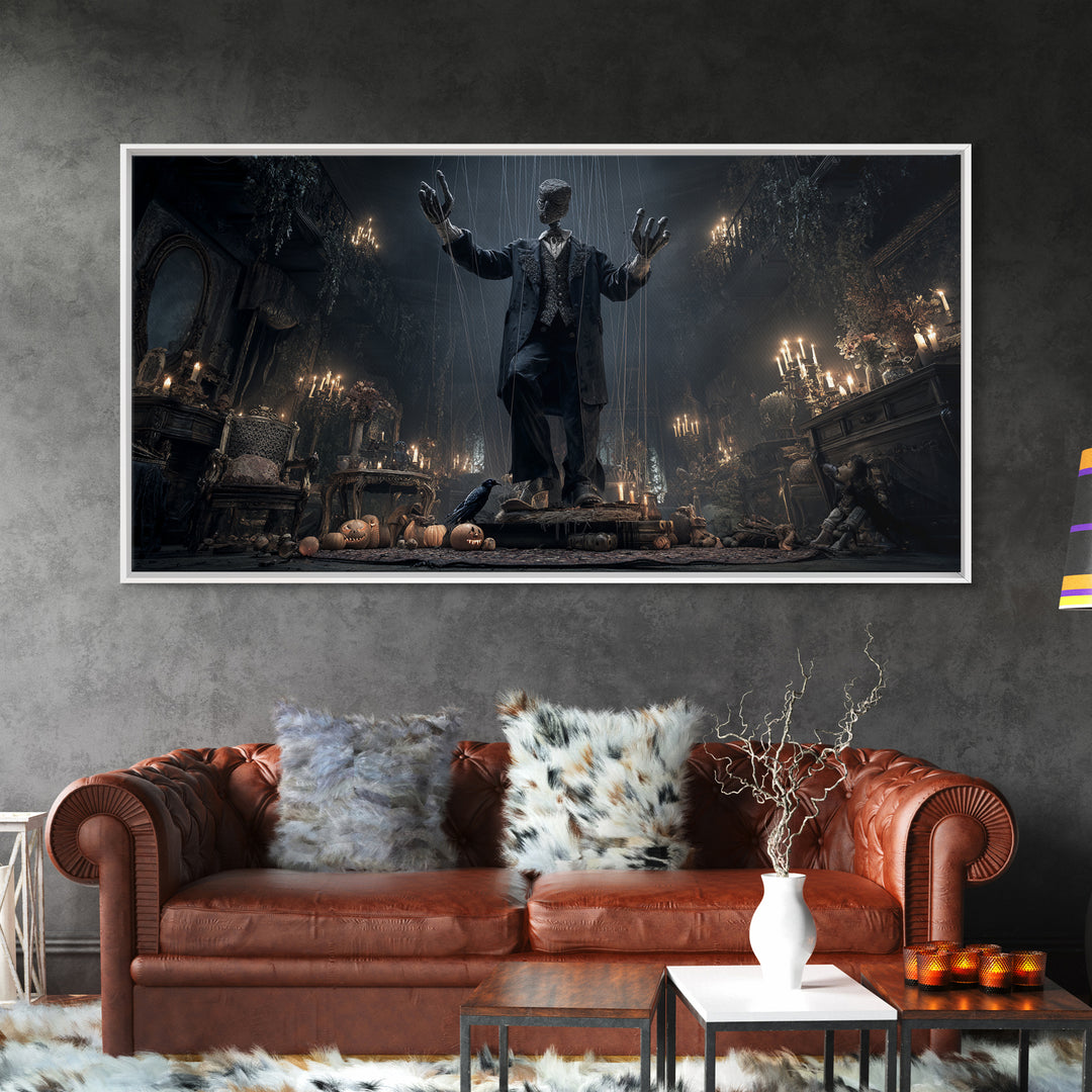 The Marionette Master, Wide Panoramic Art, Macabre Wall Art, Framed Canvas Print, Halloween Wall Decor, Gothic Home Decor, Spooky Wall Decor