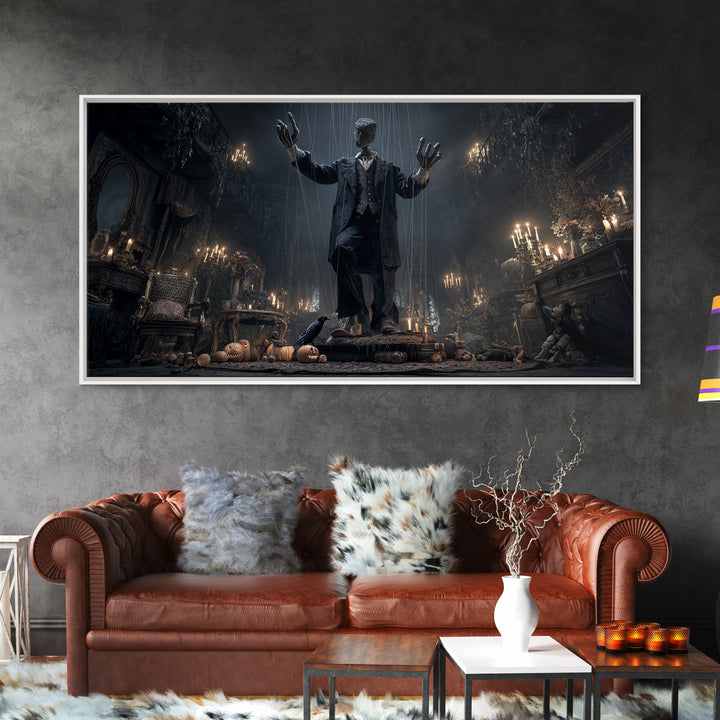The Marionette Master, Wide Panoramic Art, Macabre Wall Art, Framed Canvas Print, Halloween Wall Decor, Gothic Home Decor, Spooky Wall Decor