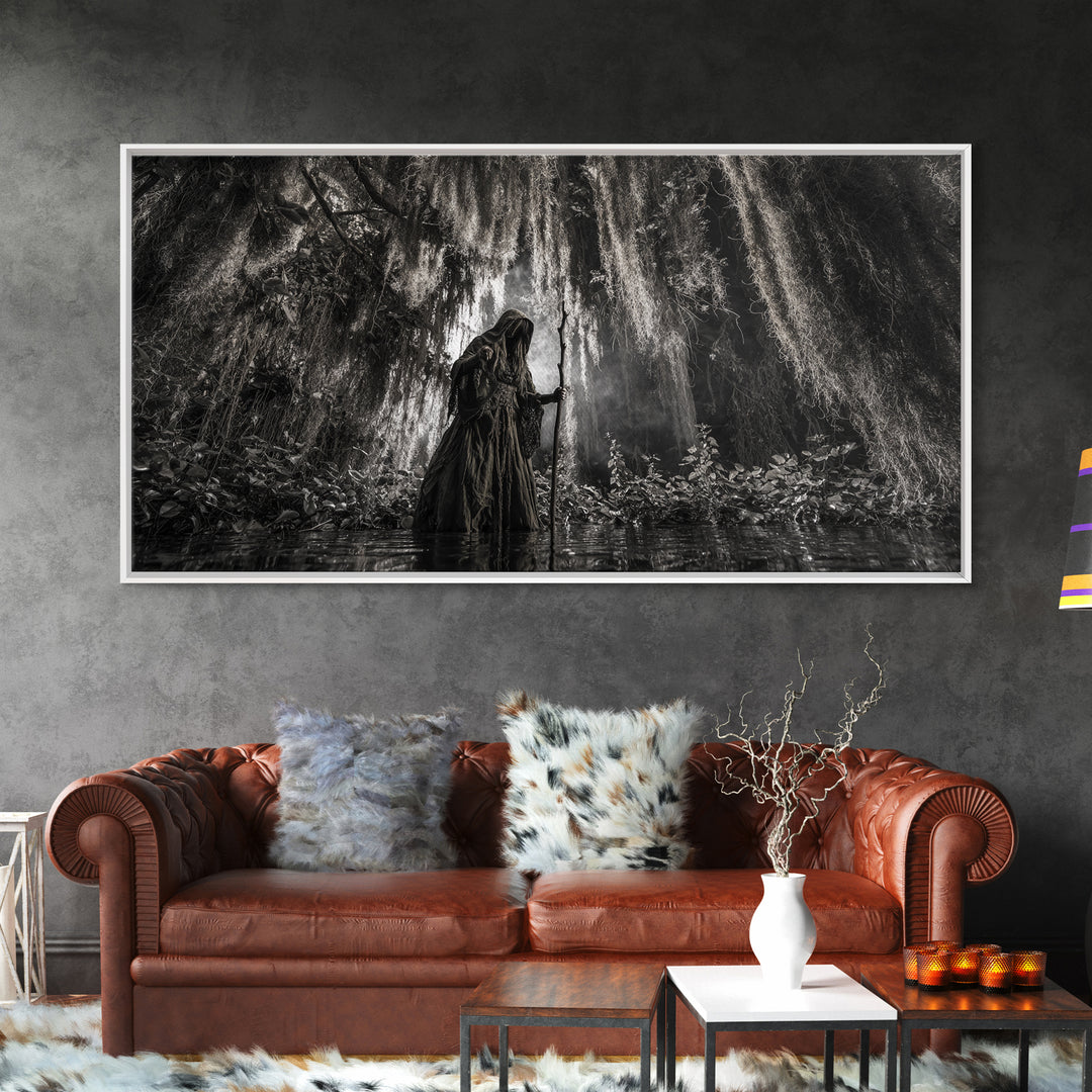 The Swamp Witch, Wide Panoramic Art, Gothic Horror Wall Art, Framed Canvas Print, Halloween Wall Decor, Gothic Home Decor