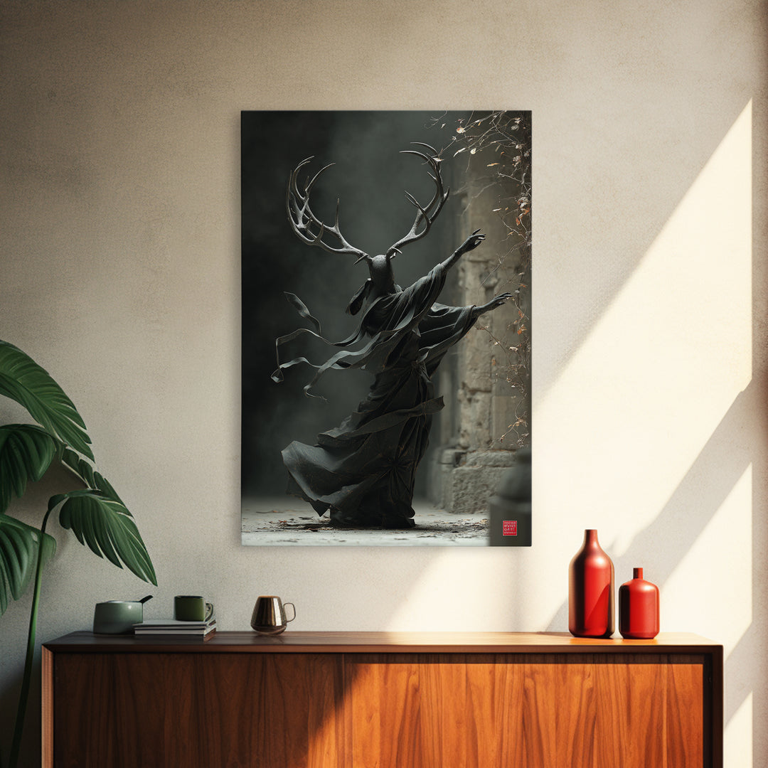 The Antlered Forest Spirit, Vertical Wall Art, Macabre Wall Art, Framed Canvas Print, Halloween Wall Decor, Gothic Home Decor