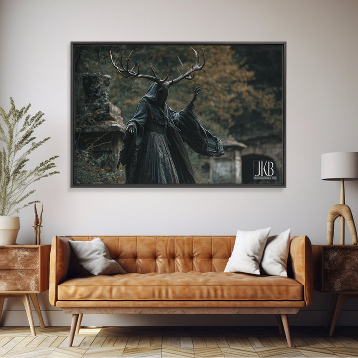 The Antlered Forest Spirit, Landscape Wall Art, Dark Halloween Decor, Canvas Print, Halloween Wall Decor, Gothic Home Decor