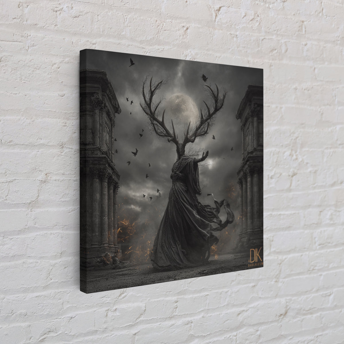 The Antlered Forest Spirit, Square Wall Art, Haunted Gothic Art, Framed Canvas Print, Halloween Wall Decor, Gothic Home Decor