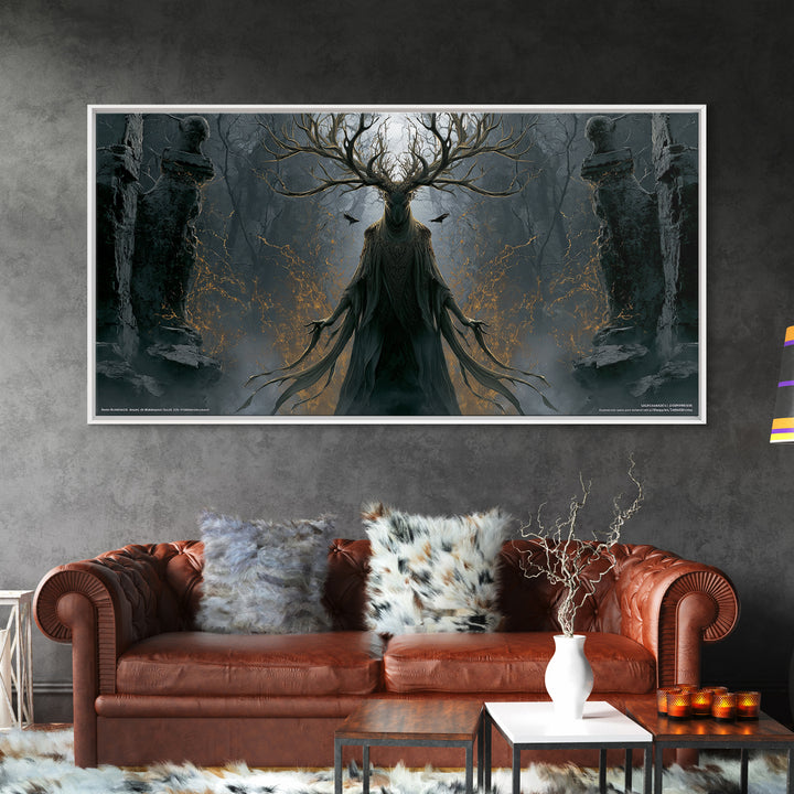 The Antlered Forest Spirit, Wide Panoramic Art, Gothic Horror Wall Art, Framed Canvas Print, Halloween Wall Decor, Gothic Home Decor