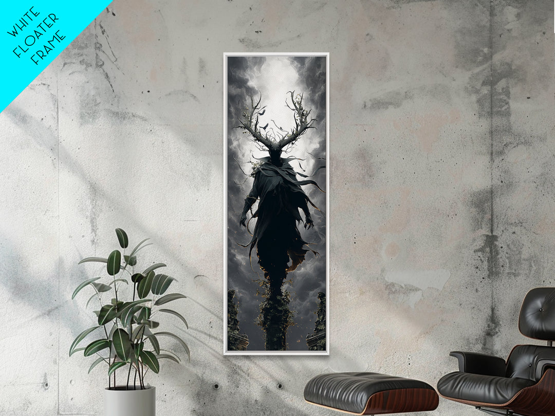 The Antlered Forest Spirit, Tall Narrow Wall Art, Macabre Wall Art, Framed Canvas Print, Halloween Wall Decor, Gothic Home Decor