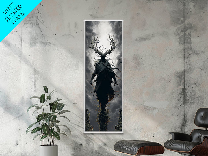 The Antlered Forest Spirit, Tall Narrow Wall Art, Macabre Wall Art, Framed Canvas Print, Halloween Wall Decor, Gothic Home Decor