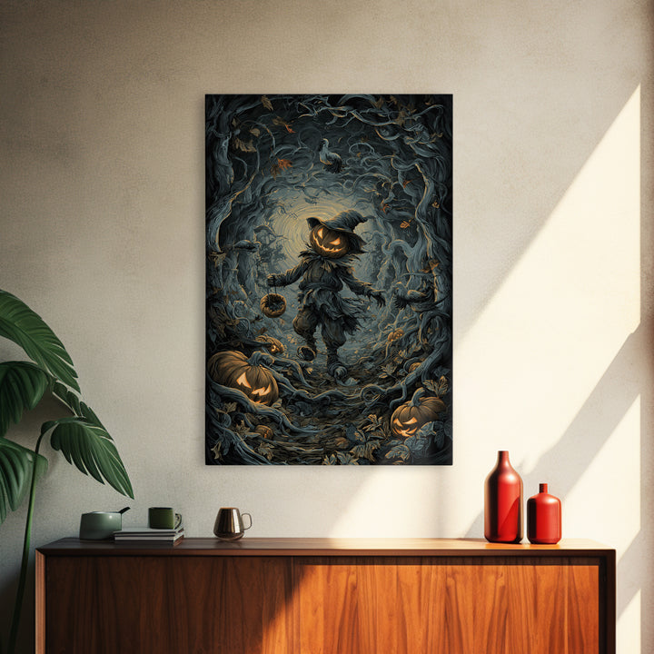 The Pumpkin Patch Goblin, Vertical Wall Art, Macabre Wall Art, Framed Canvas Print, Halloween Wall Decor, Gothic Home Decor