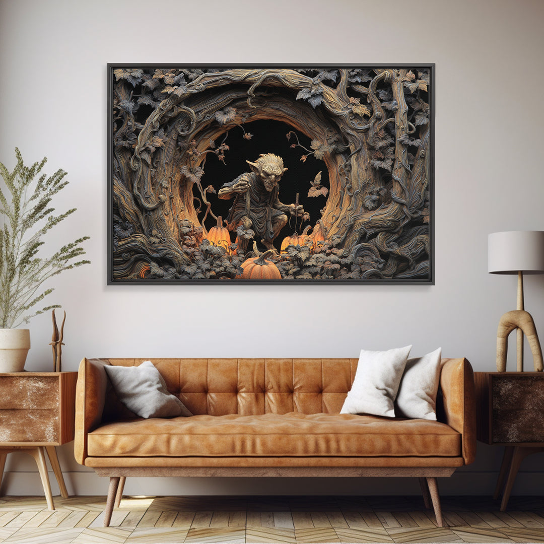 The Pumpkin Patch Goblin, Landscape Wall Art, Dark Halloween Decor, Canvas Print, Halloween Wall Decor, Gothic Home Decor