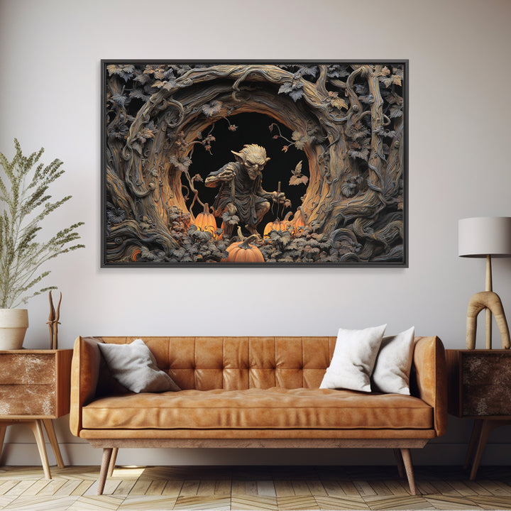 The Pumpkin Patch Goblin, Landscape Wall Art, Dark Halloween Decor, Canvas Print, Halloween Wall Decor, Gothic Home Decor