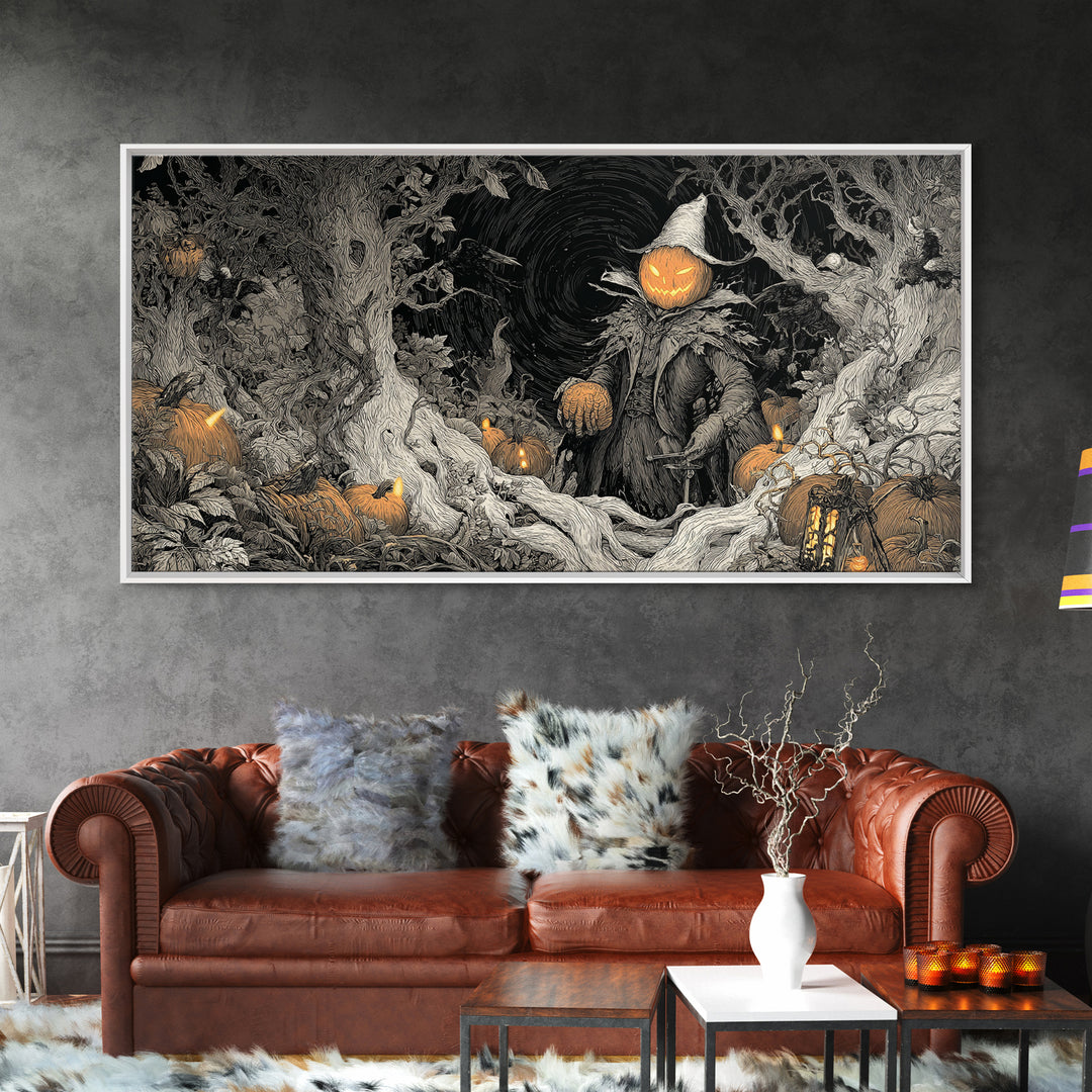 The Pumpkin Patch Goblin, Wide Panoramic Art, Spooky Home Decor, Canvas Print, Halloween Wall Decor, Gothic Home Decor, Spooky Wall Decor