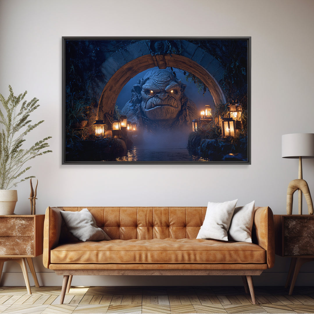 The Bridge Troll At Midnight, Landscape Wall Art, Gothic Horror Wall Art, Framed Canvas Print, Halloween Wall Decor, Gothic Home Decor