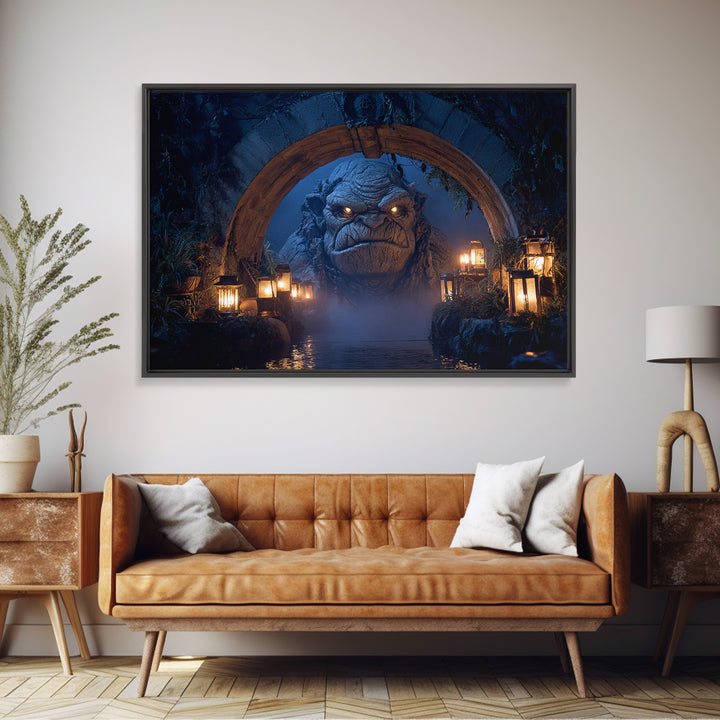 The Bridge Troll At Midnight, Landscape Wall Art, Gothic Horror Wall Art, Framed Canvas Print, Halloween Wall Decor, Gothic Home Decor