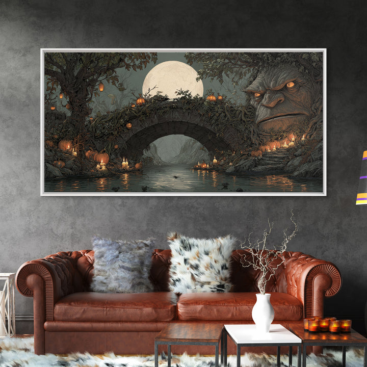 The Bridge Troll At Midnight, Wide Panoramic Art, Dark Fantasy Wall Art, Canvas Print, Halloween Wall Decor, Gothic Home Decor