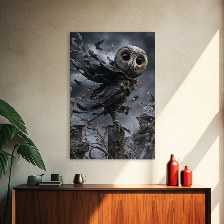 The Owl-Faced Omen, Vertical Wall Art, Spooky Home Decor, Canvas Print, Halloween Wall Decor, Gothic Home Decor, Macabre Wall Art
