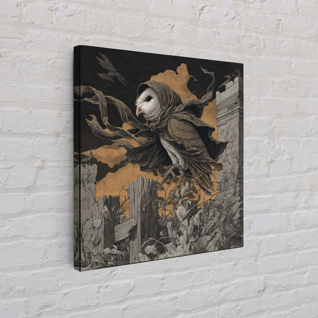 The Owl-Faced Omen, Square Wall Art, Gothic Horror Wall Art, Framed Canvas Print, Halloween Wall Decor, Gothic Home Decor, Spooky Wall Decor