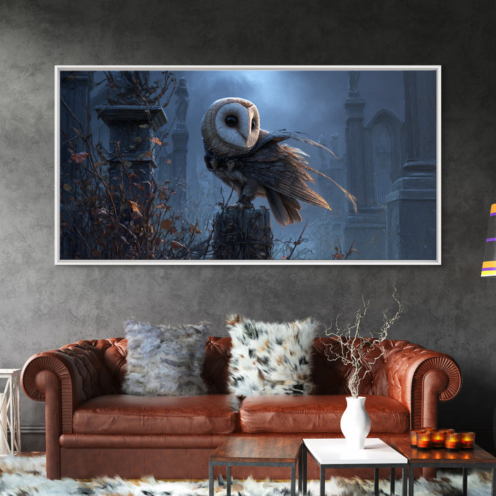 The Owl-Faced Omen, Wide Panoramic Art, Gothic Horror Wall Art, Framed Canvas Print, Halloween Wall Decor, Gothic Home Decor