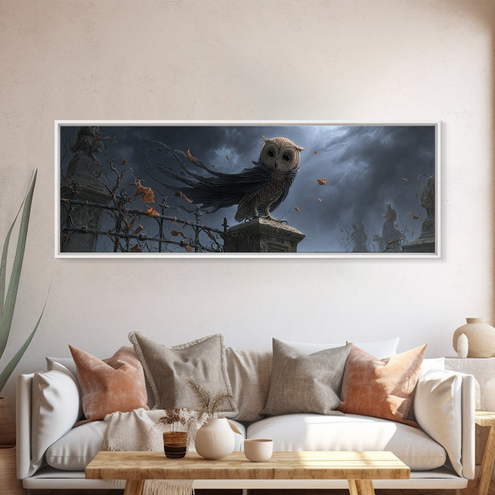 The Owl-Faced Omen, Extra Wide Wall Art, Dark Fantasy Wall Art, Canvas Print, Halloween Wall Decor, Gothic Home Decor, Spooky Wall Decor
