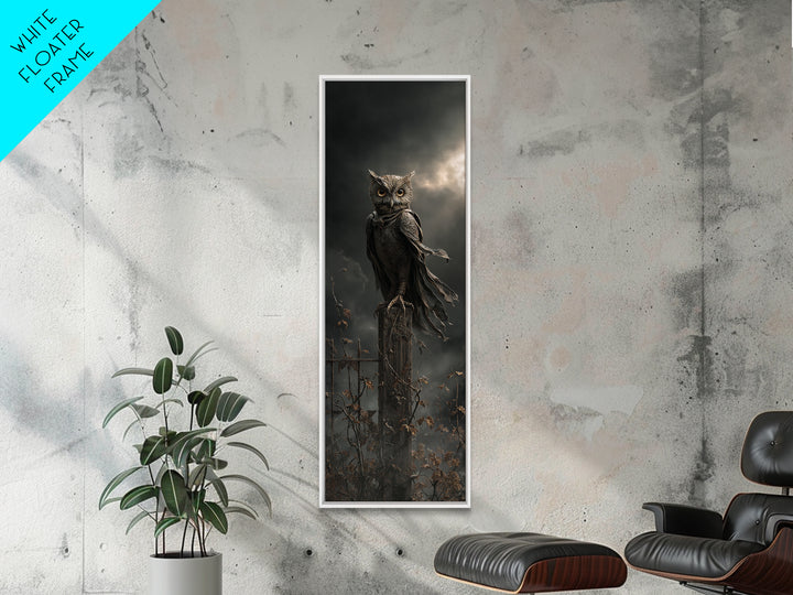 The Owl-Faced Omen, Tall Narrow Wall Art, Haunted Gothic Art, Framed Canvas Print, Halloween Wall Decor, Gothic Home Decor