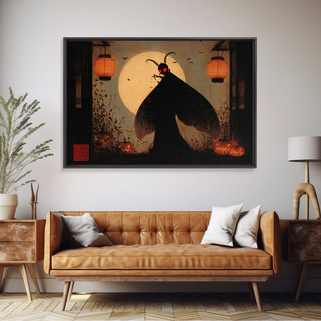 The Red-Eyed Moth Creature, Landscape Wall Art, Macabre Wall Art, Framed Canvas Print, Halloween Wall Decor, Gothic Home Decor