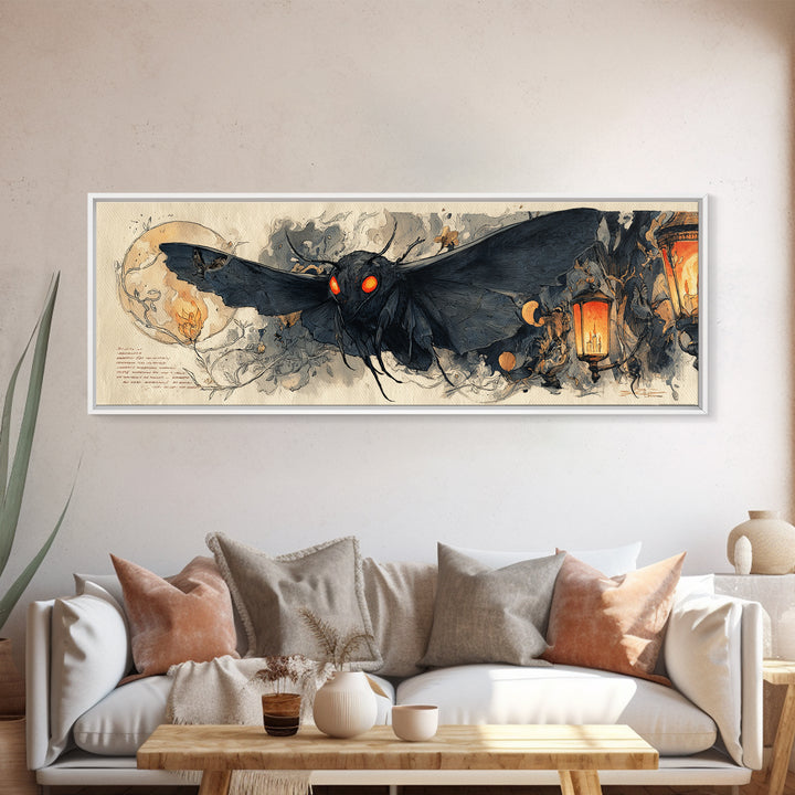 The Red-Eyed Moth Creature, Extra Wide Wall Art, Macabre Wall Art, Framed Canvas Print, Halloween Wall Decor, Gothic Home Decor