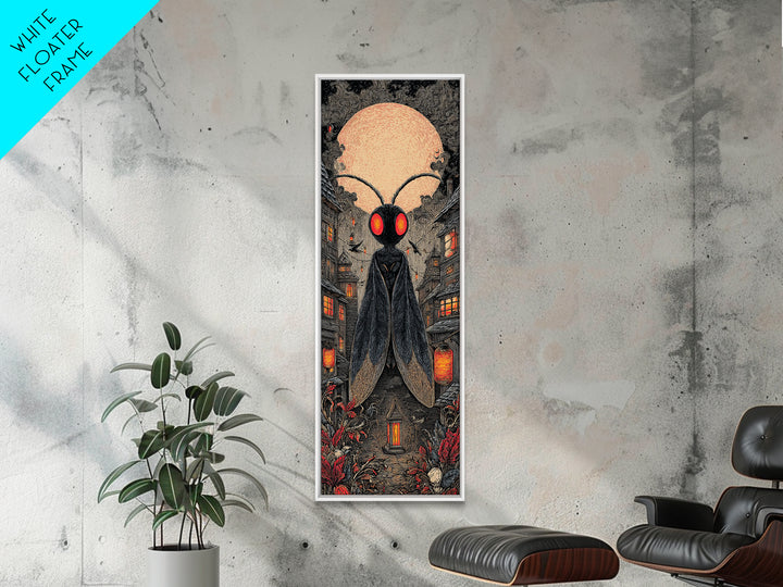 The Red-Eyed Moth Creature, Tall Narrow Wall Art, Spooky Home Decor, Canvas Print, Halloween Wall Decor, Gothic Home Decor