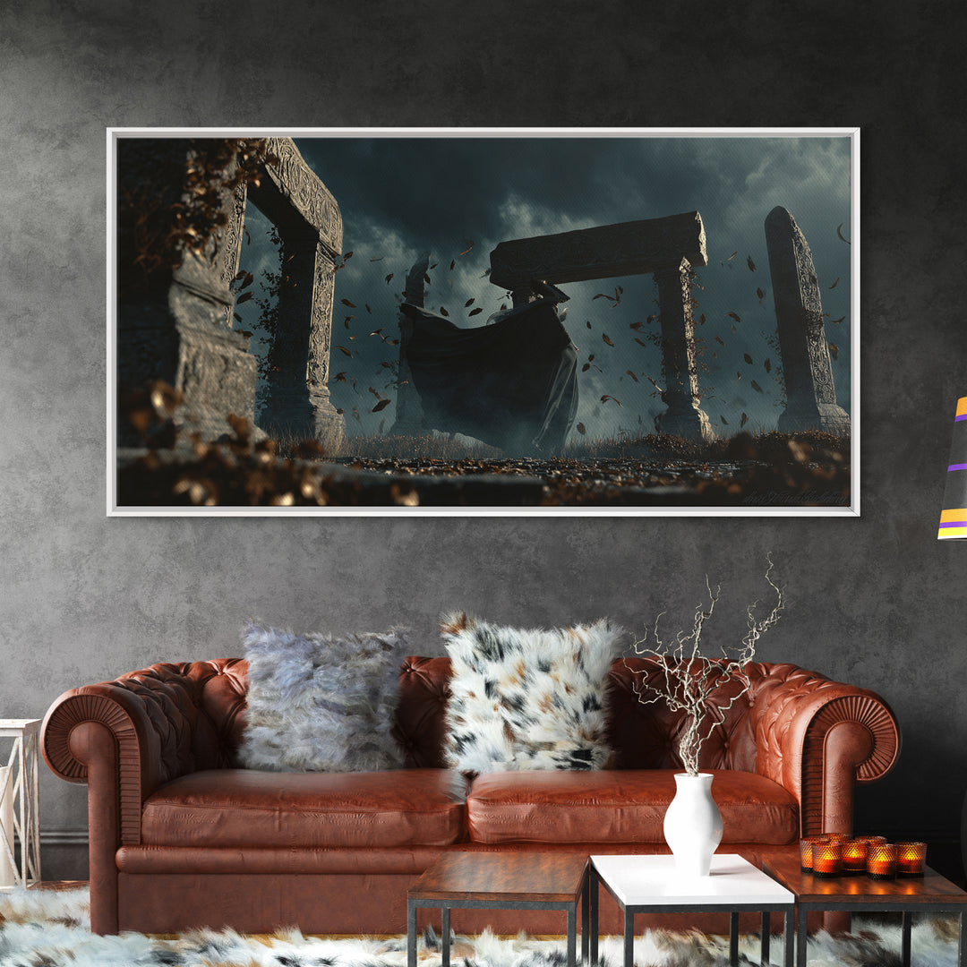The Stone-Circle Spirit, Wide Panoramic Art, Gothic Horror Wall Art, Framed Canvas Print, Halloween Wall Decor, Gothic Home Decor