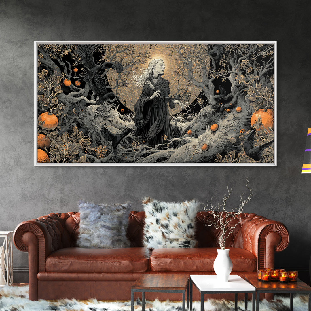 The Orchard Hag, Wide Panoramic Art, Gothic Horror Wall Art, Framed Canvas Print, Halloween Wall Decor, Gothic Home Decor