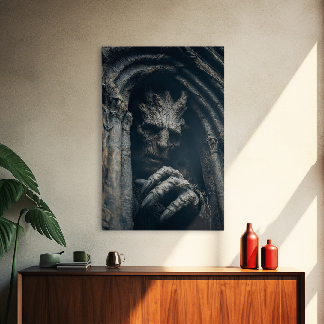 The Hollow-Tree Monster, Vertical Wall Art, Spooky Home Decor, Canvas Print, Halloween Wall Decor, Gothic Home Decor, Macabre Wall Art
