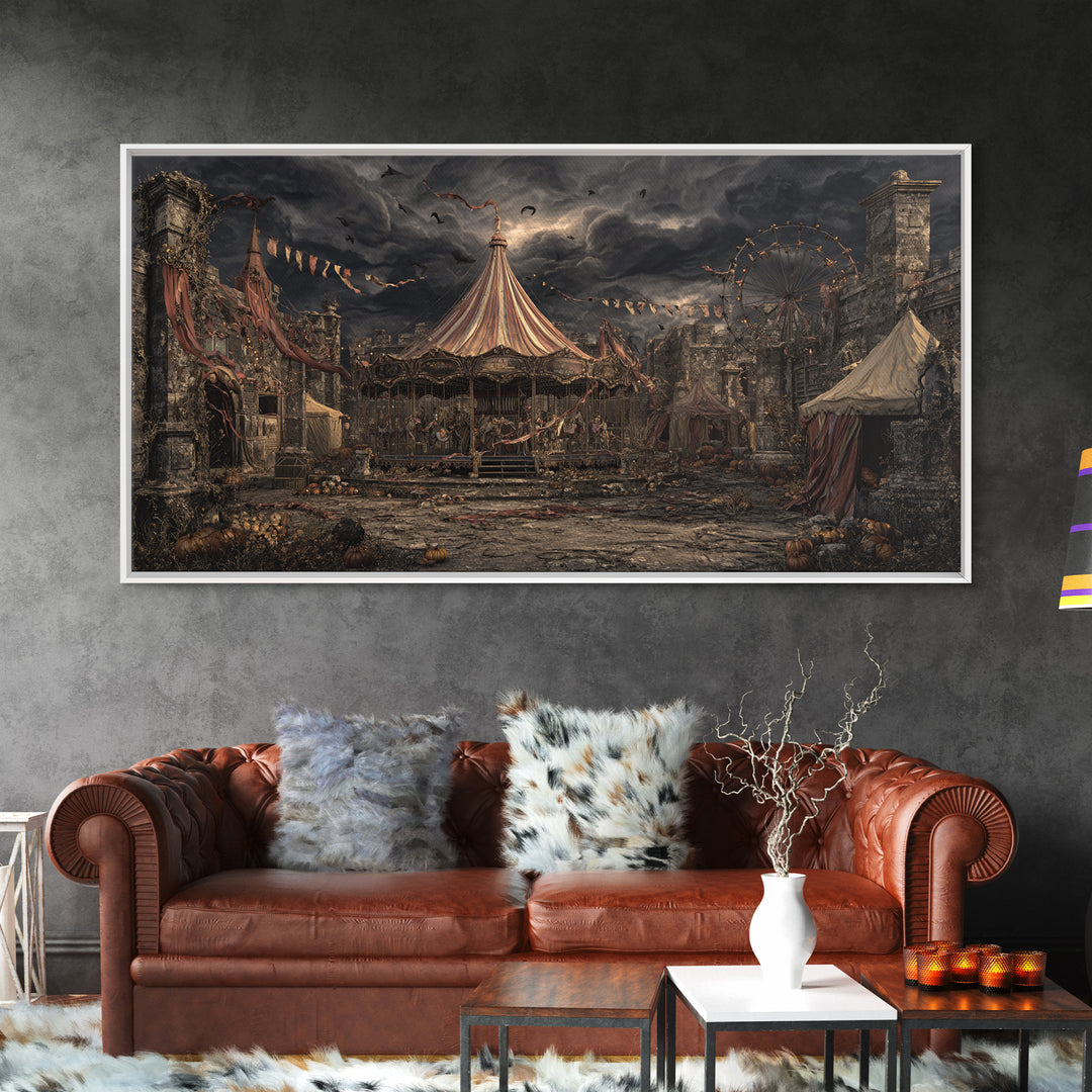 The Abandoned Carnival, Wide Panoramic Art, Macabre Wall Art, Framed Canvas Print, Halloween Wall Decor, Gothic Home Decor, Horror Wall Art