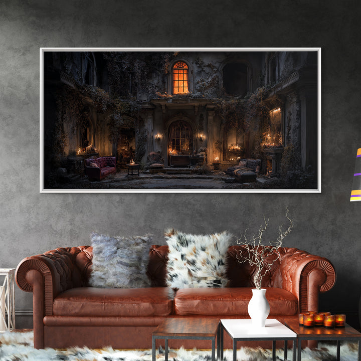 The Haunted Manor, Wide Panoramic Art, Macabre Wall Art, Framed Canvas Print, Halloween Wall Decor, Gothic Home Decor, Horror Wall Art