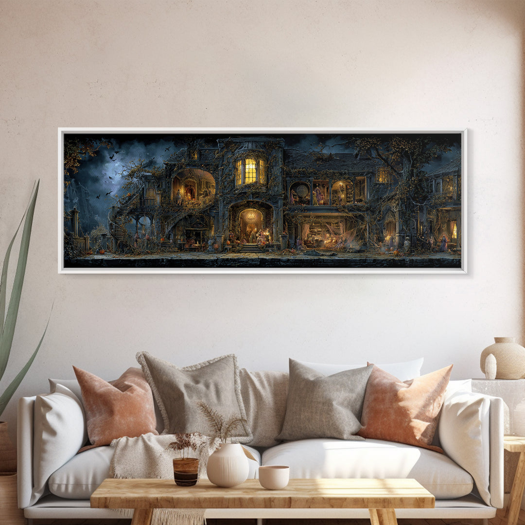 The Haunted Manor, Extra Wide Wall Art, Gothic Horror Wall Art, Framed Canvas Print, Halloween Wall Decor, Gothic Home Decor