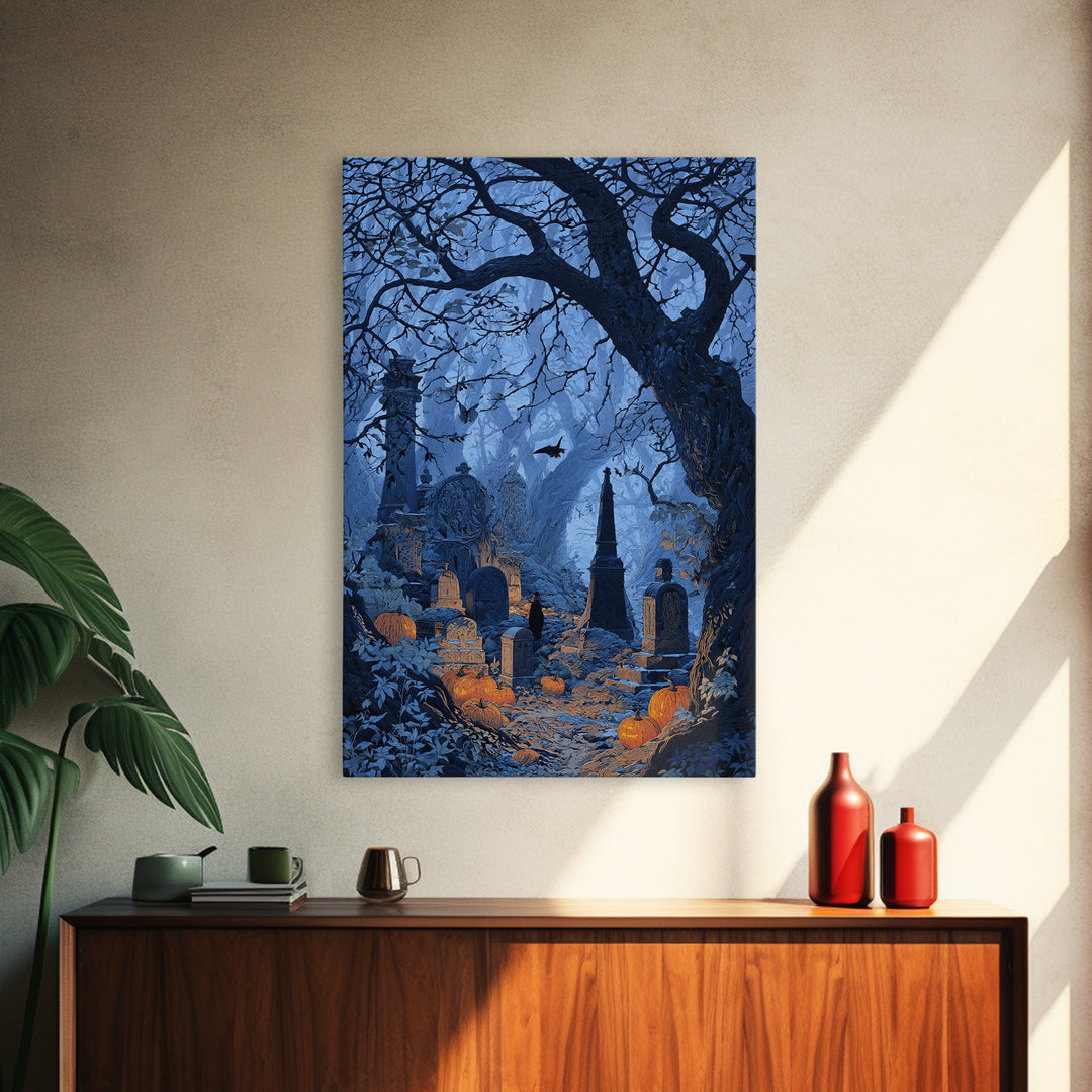The Moonlit Cemetery, Vertical Wall Art, Spooky Home Decor, Canvas Print, Halloween Wall Decor, Gothic Home Decor, Horror Wall Art