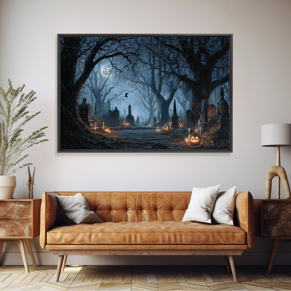 The Moonlit Cemetery, Landscape Wall Art, Gothic Horror Wall Art, Framed Canvas Print, Halloween Wall Decor, Gothic Home Decor
