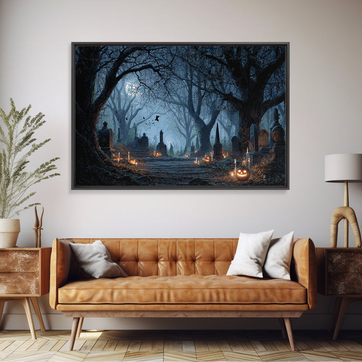 The Moonlit Cemetery, Landscape Wall Art, Gothic Horror Wall Art, Framed Canvas Print, Halloween Wall Decor, Gothic Home Decor