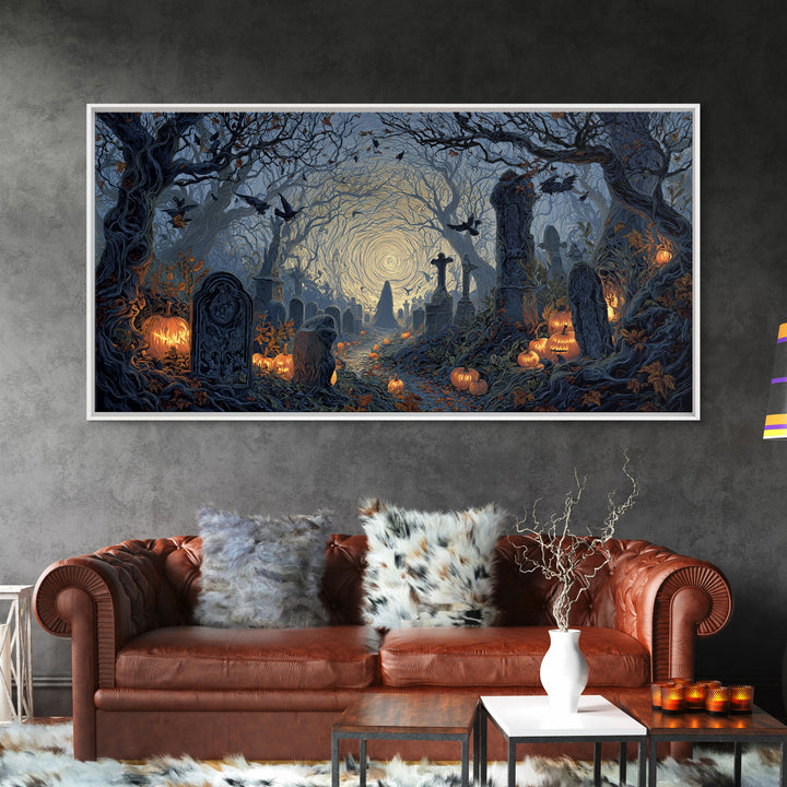 The Moonlit Cemetery, Wide Panoramic Art, Spooky Home Decor, Canvas Print, Halloween Wall Decor, Gothic Home Decor, Halloween Wall Art