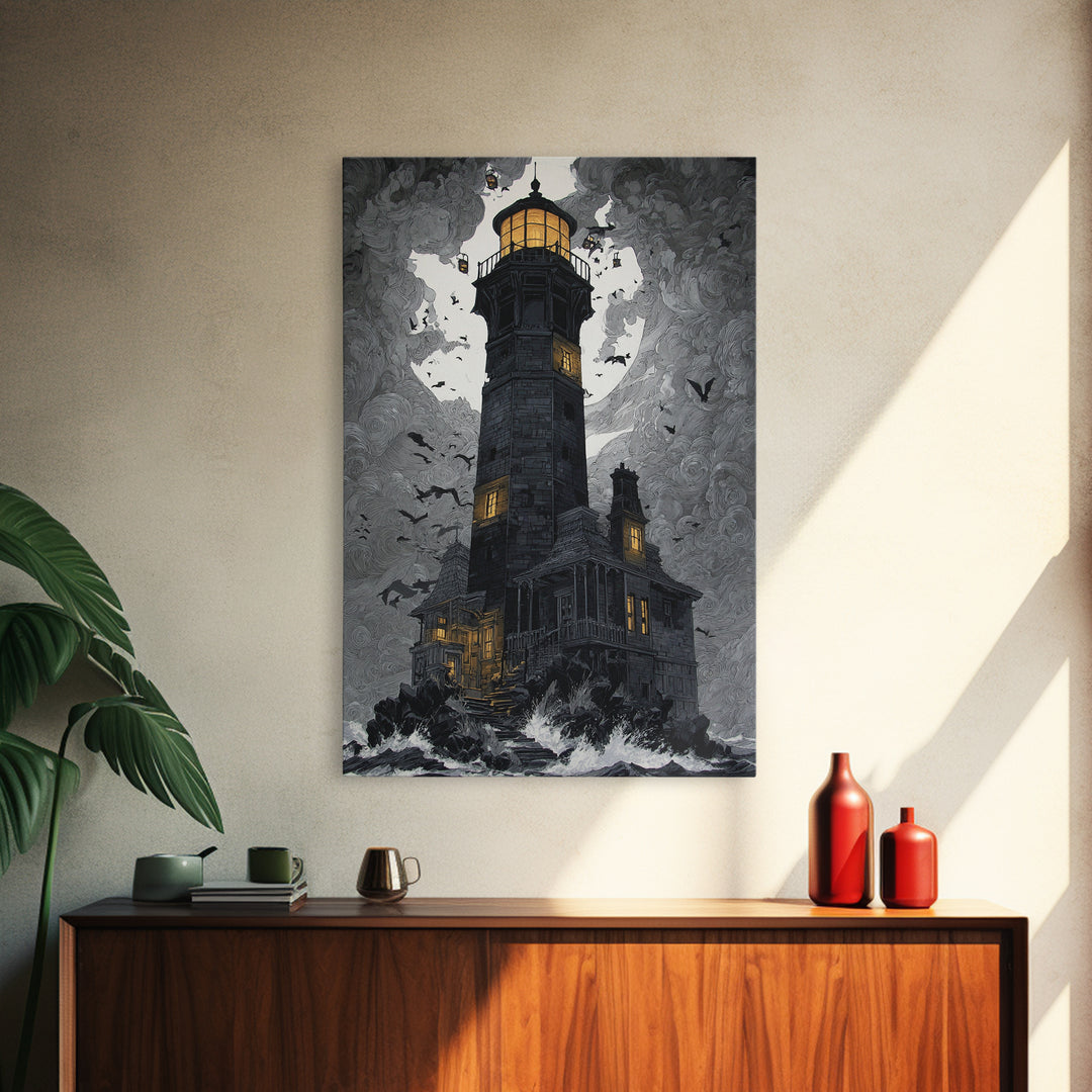 The Cursed Lighthouse, Vertical Wall Art, Macabre Wall Art, Framed Canvas Print, Halloween Wall Decor, Gothic Home Decor