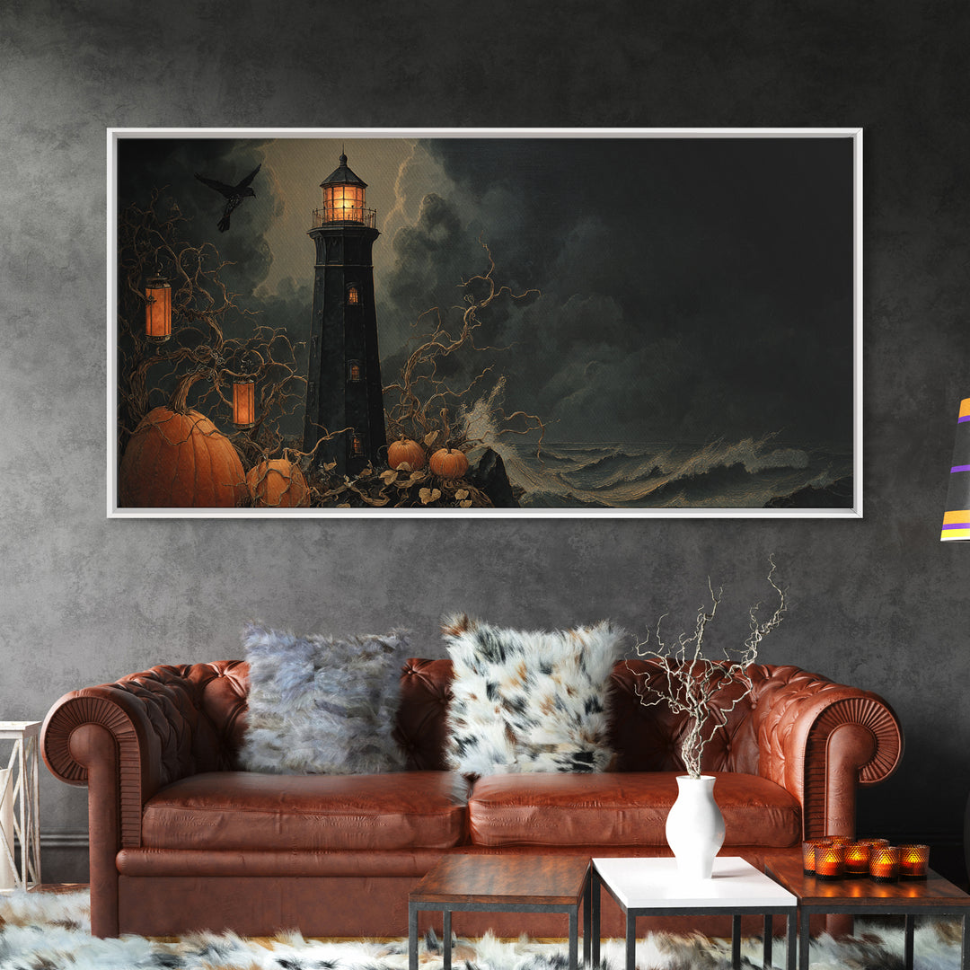 The Cursed Lighthouse, Wide Panoramic Art, Dark Halloween Decor, Canvas Print, Halloween Wall Decor, Gothic Home Decor
