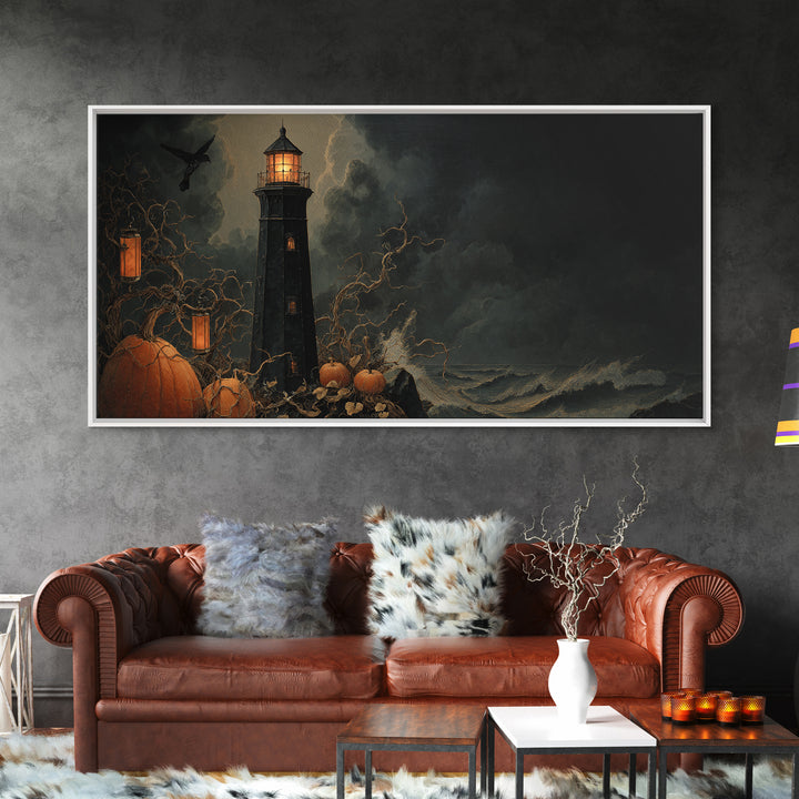 The Cursed Lighthouse, Wide Panoramic Art, Dark Halloween Decor, Canvas Print, Halloween Wall Decor, Gothic Home Decor