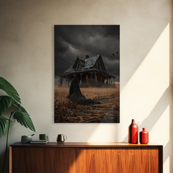 The Possessed Farmhouse, Vertical Wall Art, Haunted Gothic Art, Framed Canvas Print, Halloween Wall Decor, Gothic Home Decor