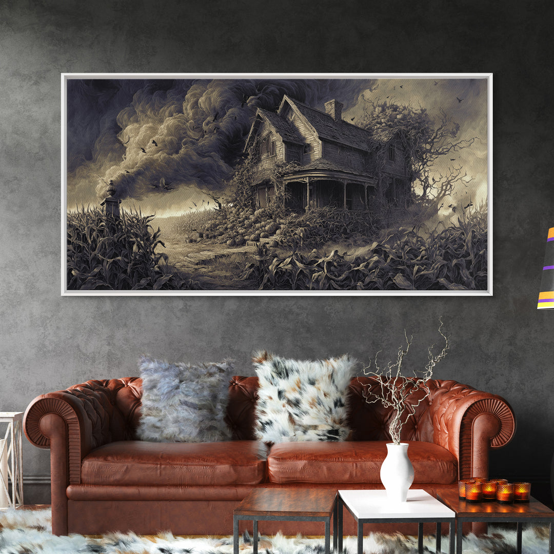 The Possessed Farmhouse, Wide Panoramic Art, Gothic Horror Wall Art, Framed Canvas Print, Halloween Wall Decor, Gothic Home Decor