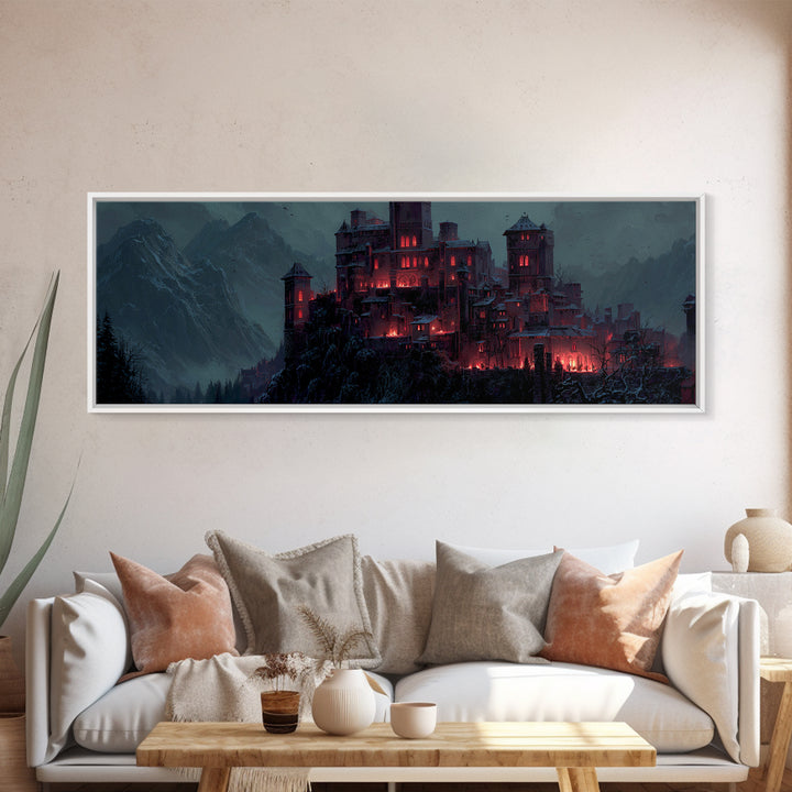 The Vampire Castle, Extra Wide Wall Art, Macabre Wall Art, Framed Canvas Print, Halloween Wall Decor, Gothic Home Decor, Spooky Wall Decor
