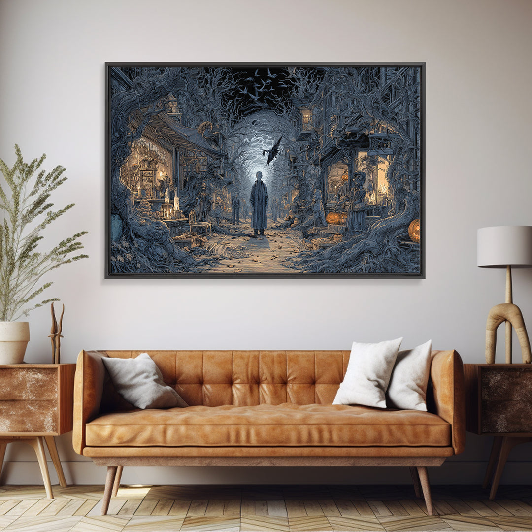 The Ghost Town Main Street, Landscape Wall Art, Macabre Wall Art, Framed Canvas Print, Halloween Wall Decor, Gothic Home Decor
