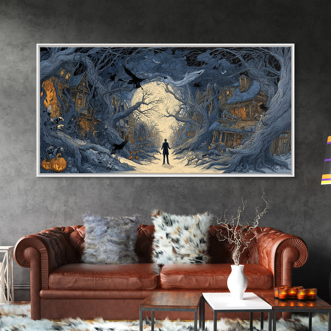 The Ghost Town Main Street, Wide Panoramic Art, Haunted Gothic Art, Framed Canvas Print, Halloween Wall Decor, Gothic Home Decor